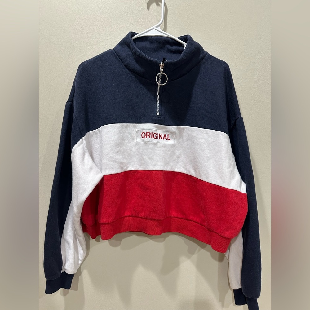 Colorblock Cropped Quarter-Zip Sweater - Navy/White/Red